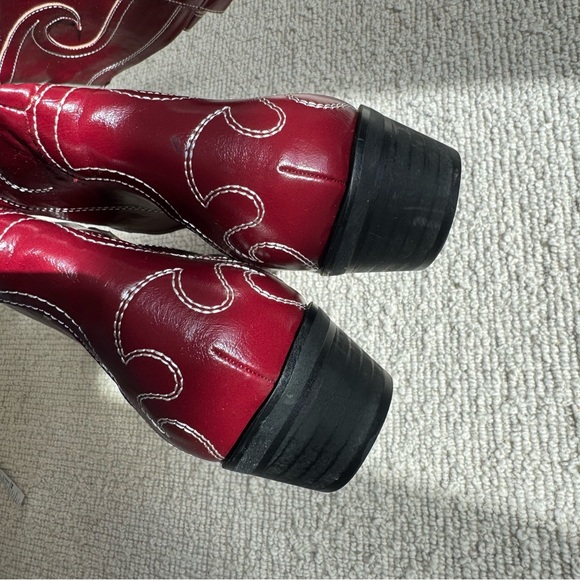 Public Desire | Serpentine Burgundy Snake Embroidered Knee High Western Boots 8 - Picture 8 of 9